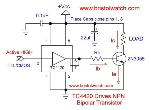 TC4420 drives NPN bipolar transistor.