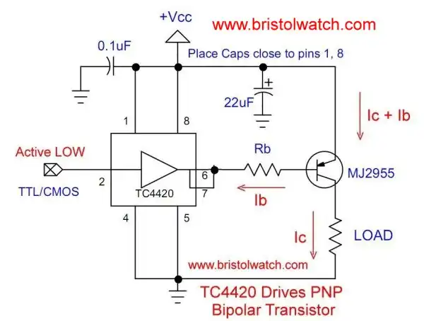 TC4420 drives PNP bipolar transistor.