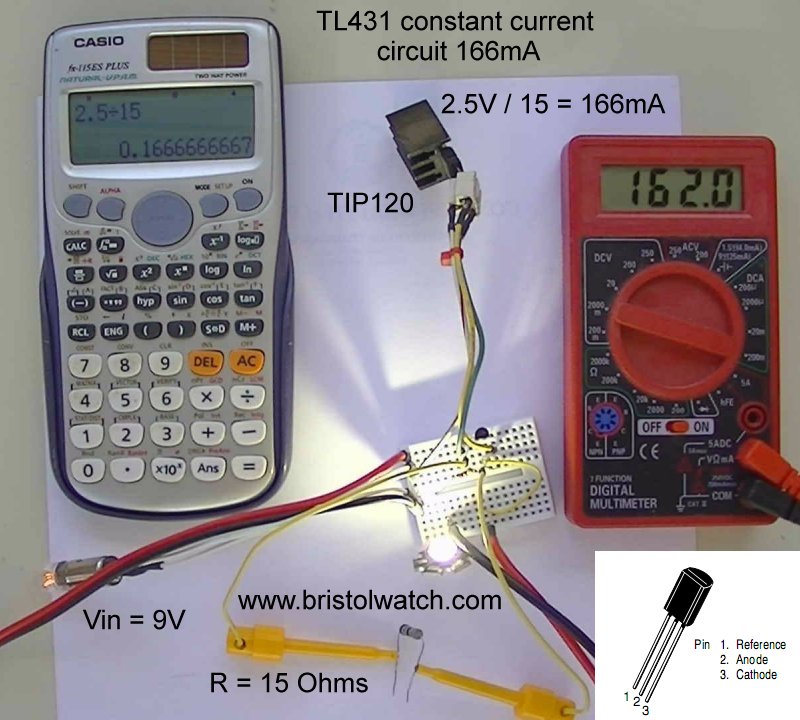 TL431 power constant current source test with 15-Ohm resistor.
