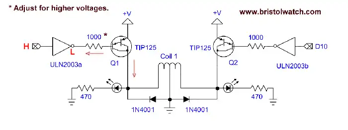 TIP125 driver pair diagram for each stepper winding.
