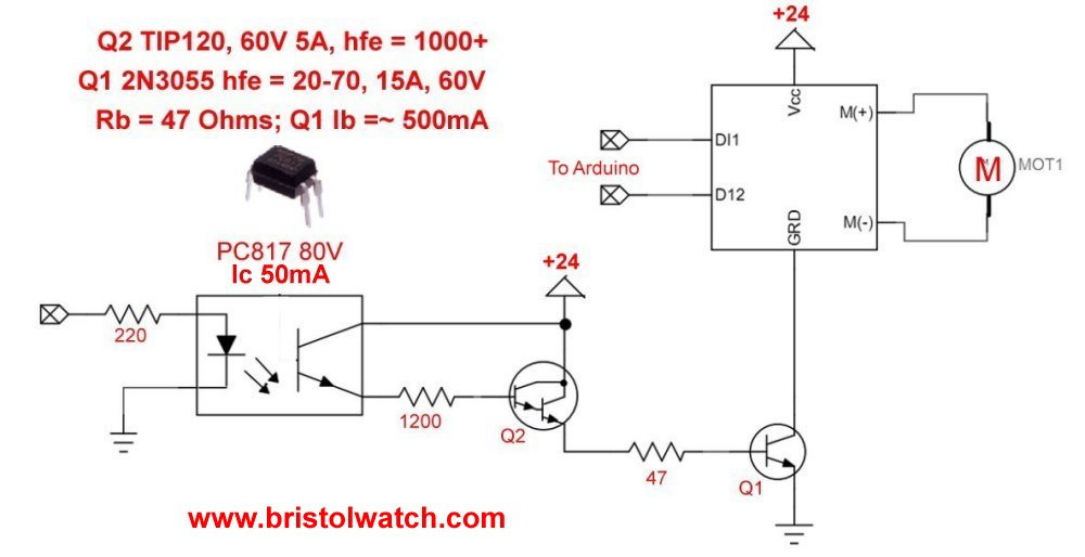 2N3055 power switch controls H-bridge in ground circuit.