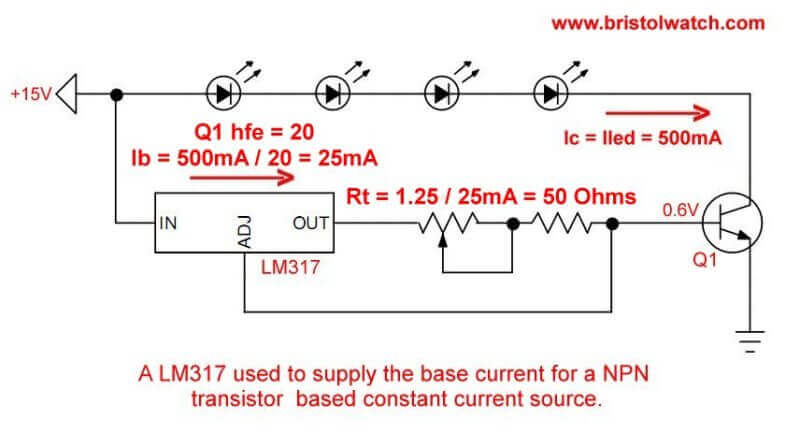 Constant current source with NPN transistor.