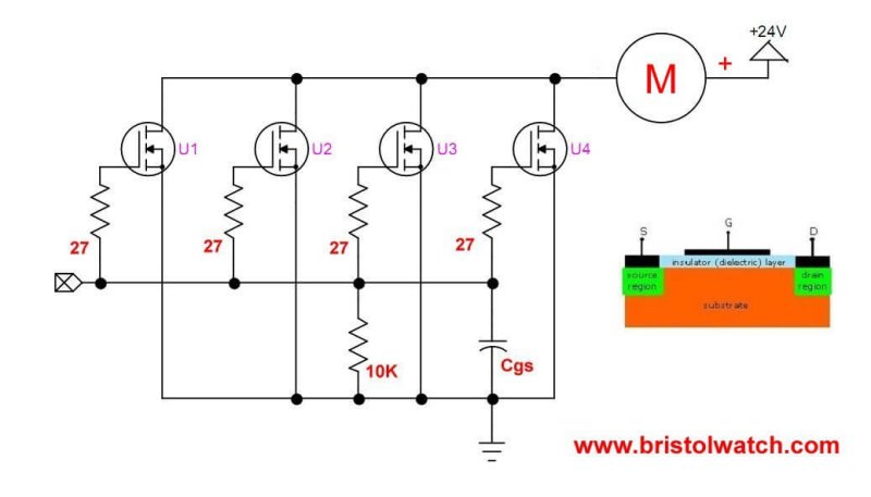 Parallel MOSFETs with individual gate resistors.