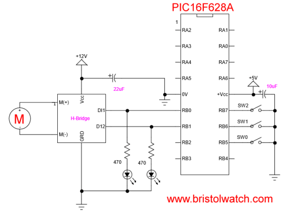 PIC16F628A H-Bridge motor control.
