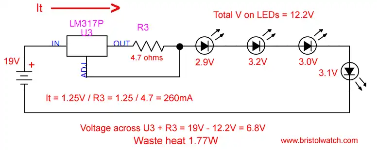 LM317 constant current source and four LEDs.
