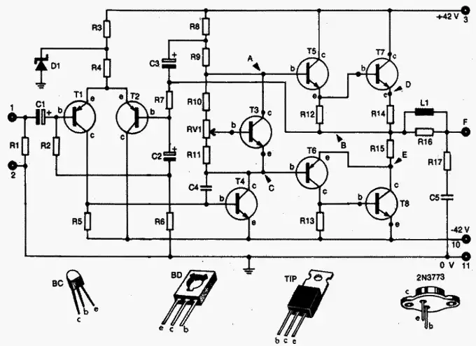 Sample direct coupled audio amplifier.