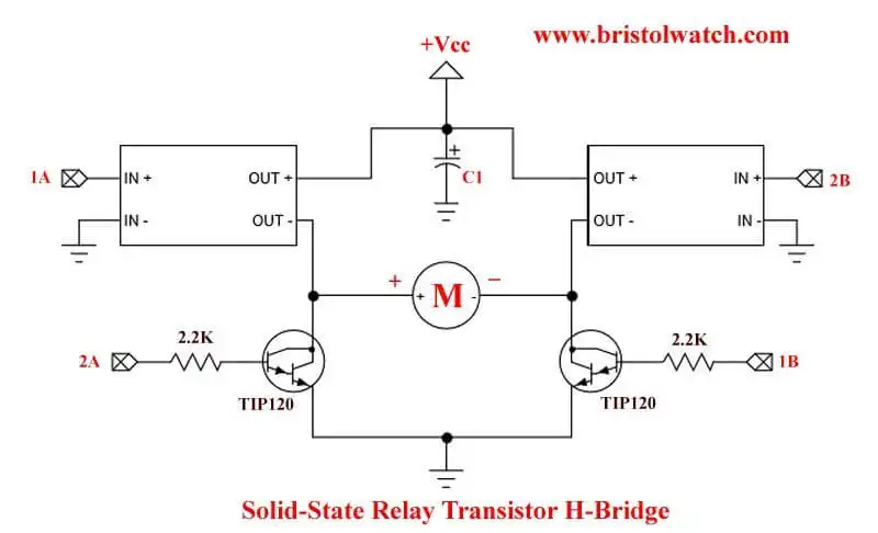 Solid state relay transistor based H-bridge circuit.