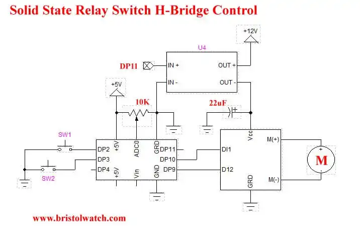 Arduino uses solid state relay power control for H-bridge.