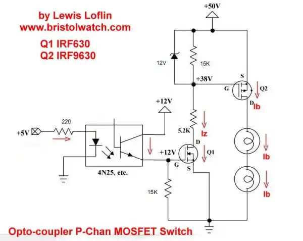 P-channel opto-isolated MOSFET switching circuit using IRF9630