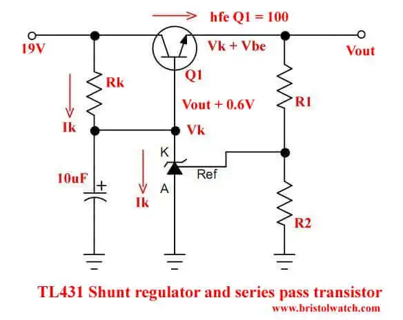 TL431A with series pass transistor to boost current.
