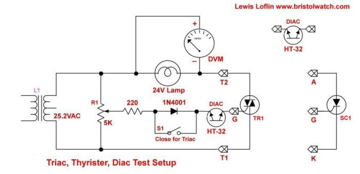 Schematic test setup for Triac-SCR lab with test Triac and diac connected.