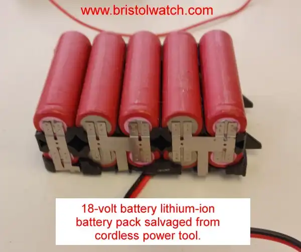 18 volt lithium-ion battery removed from cordless tool power pack.