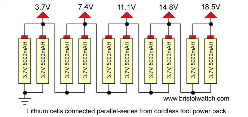 10 Lithium-ion cells connected in series-parallel.