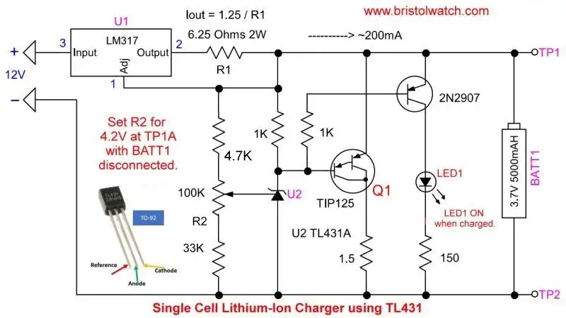 Single cell 3.7-volt lithium battery charger circuit based on TL431A