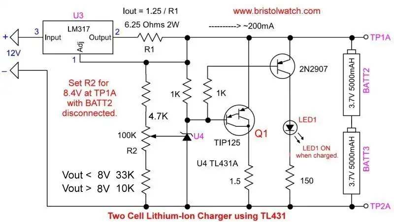 Two series connected 3.7-volt lithium battery charger circuit based on TL431A
