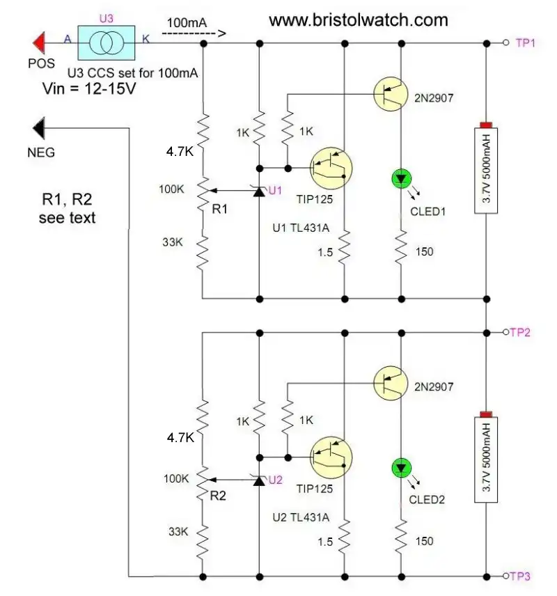 TL431A 2 cell charge balancing circuit.