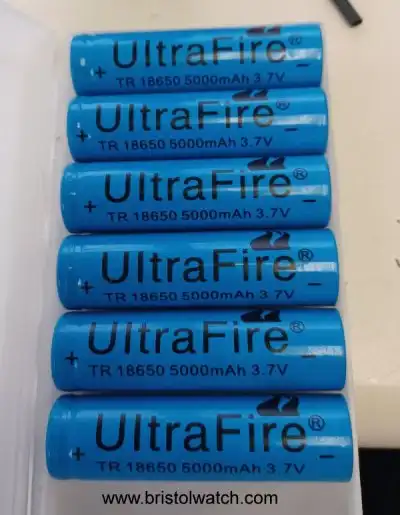 UltraFire 18650 Lithium Cells rated 5000 mAh at 3.7V.