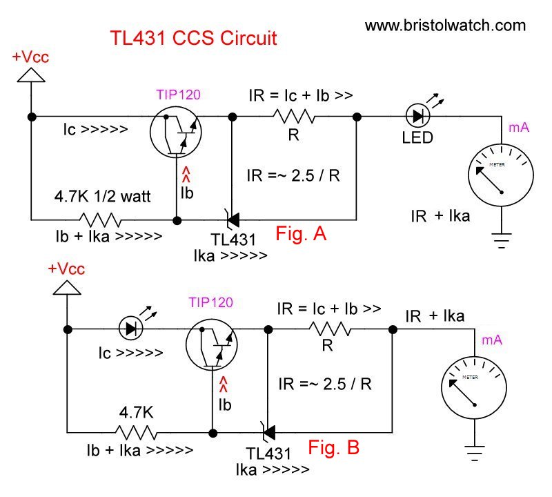 TL431 current source and current sink schematics.