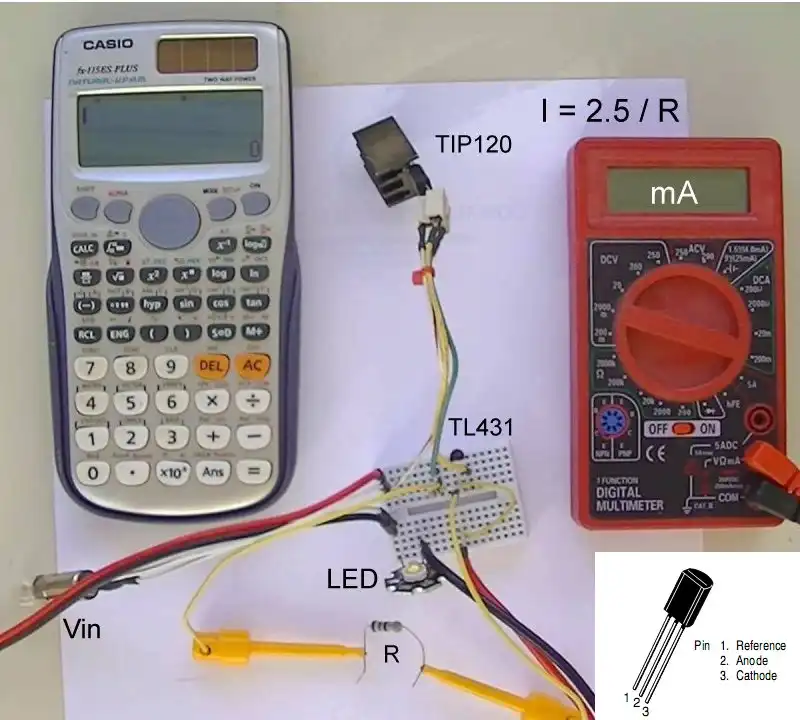 TL431 power constant current source test setup.