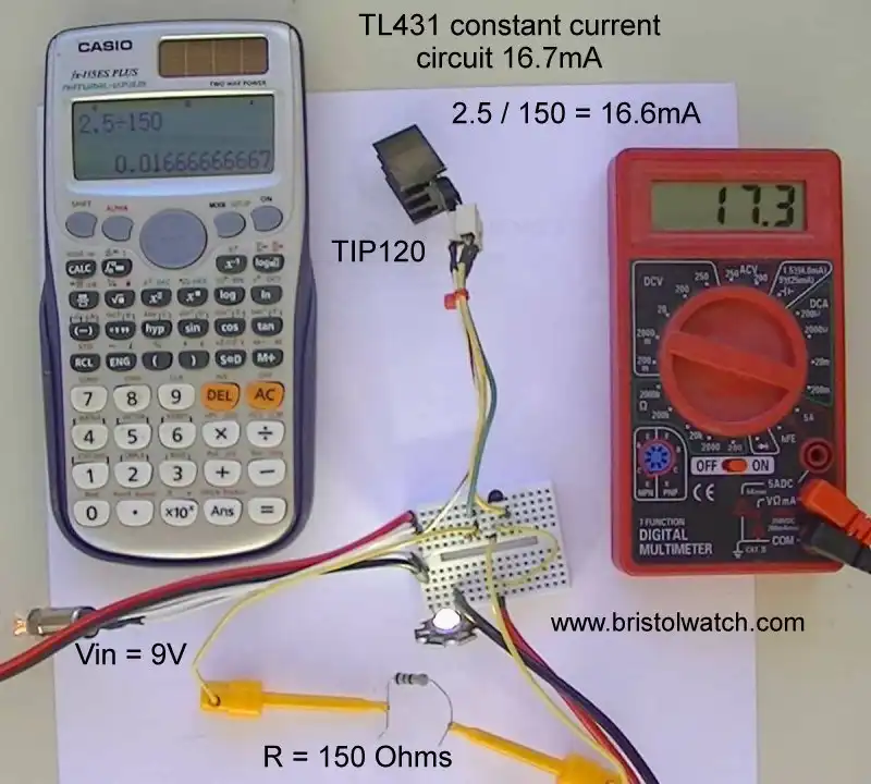 TL431 power constant current source test with 15-Ohm resistor.