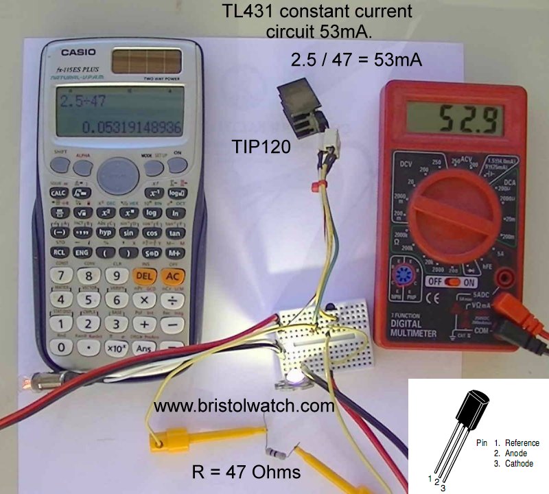 TL431 power constant current source test with 47-Ohm resistor.