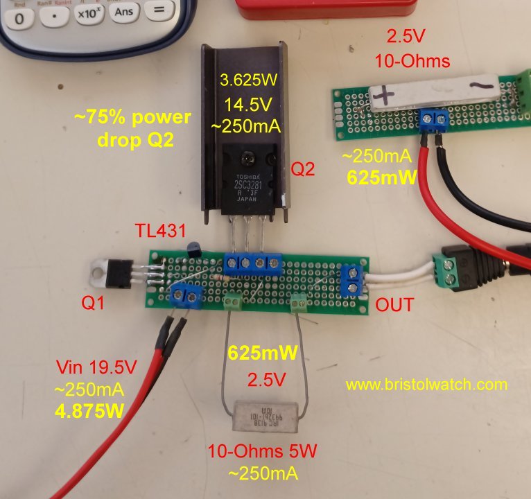TL431 constant current source test setup for 250mA, input voltage 19.5V.