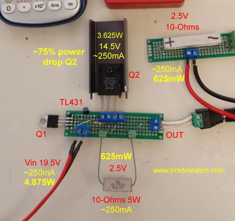 TL431 constant current source test setup for 250mA, input voltage 19.5V.