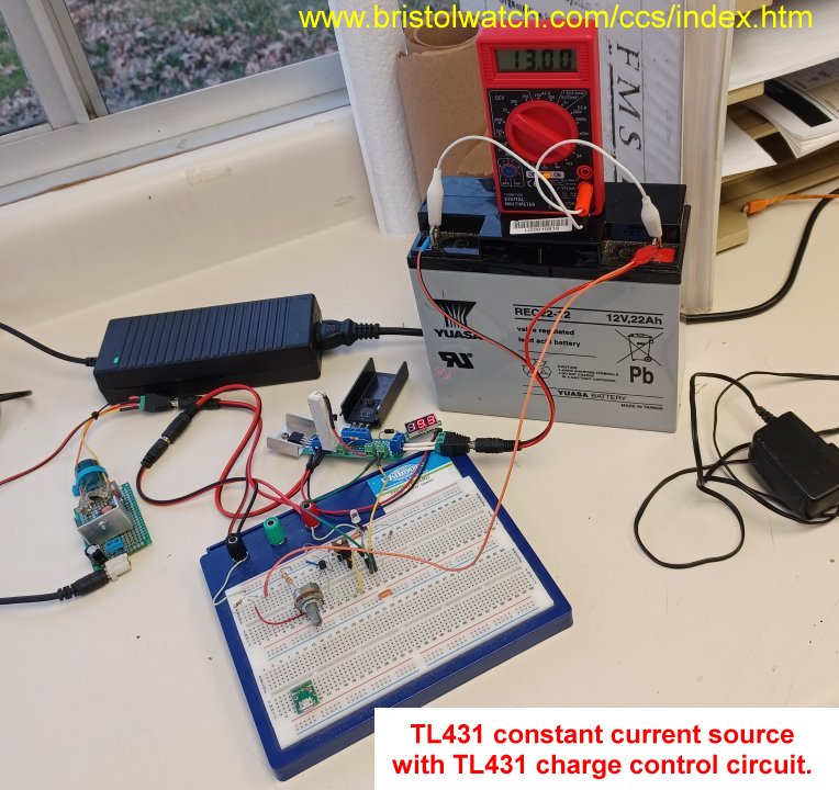 Test setup TL431 constant current source with TL431 charge controller for battery charging.