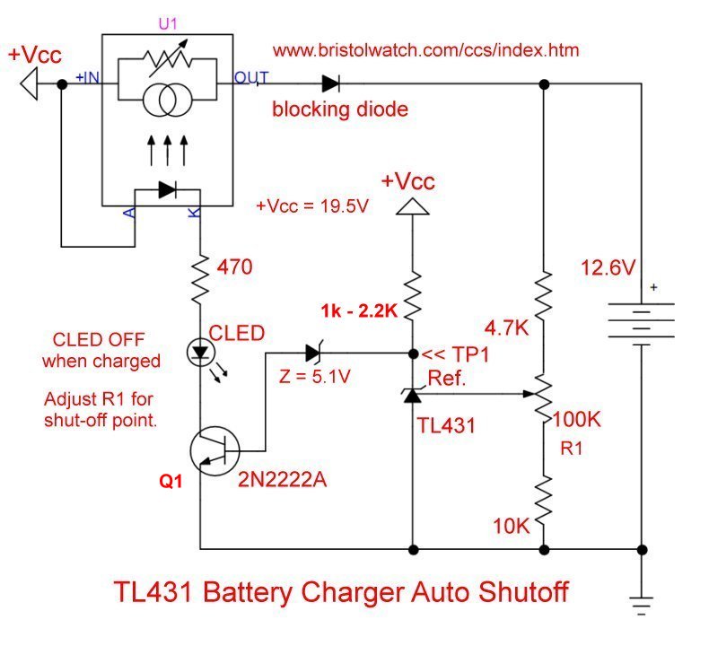 TL431 complete battery charger circuit with auto current shutoff.