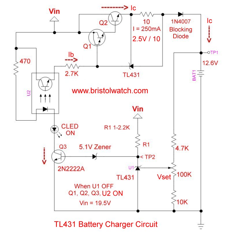 TL431 battery charger circuit schematic.
