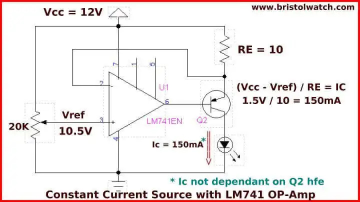 Constant current circuit with a 741 op-amp and a PNP transistor.