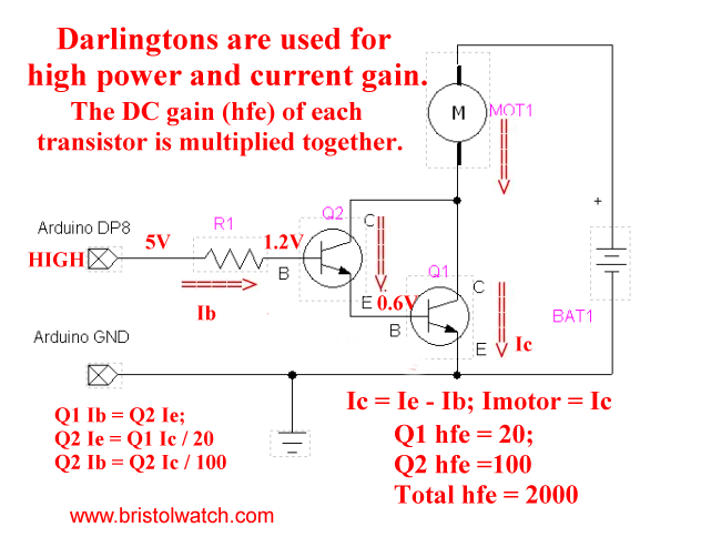 Basic Darlington transistor switching circuit.
