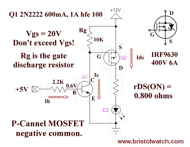 Simple P-channel power MOSFET switch with bipolar transistor driver.