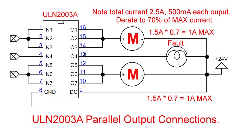 ULN2003A with parallel inputs-outputs driving 2 1-Amp motors.