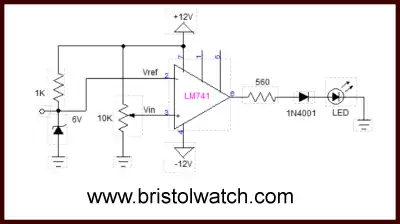 LM741 based comparator uses bi-polar power supply.