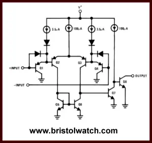 Internal connections of 1/4 LM339 quad comparator.