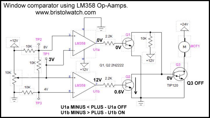 Window comparator using LM358 dual Op-Amp.