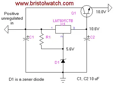 LM7805 with Zener diode 10-volt power supply.