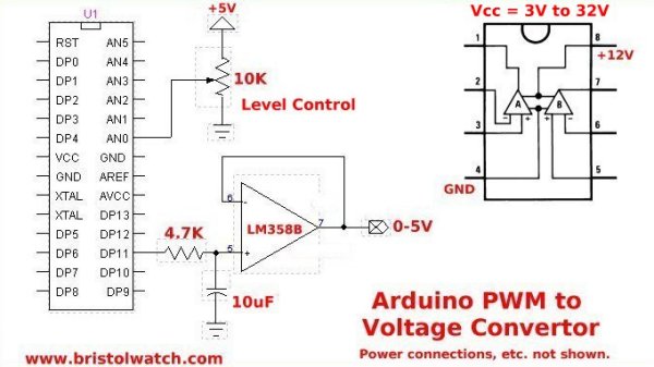 Arduino with LM358 digital to analog conversion.