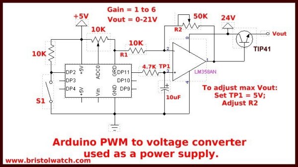 Arduino based variable DC power supply using a LM358.