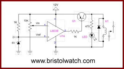 LM339 comparator driving relay with external PNP transistor