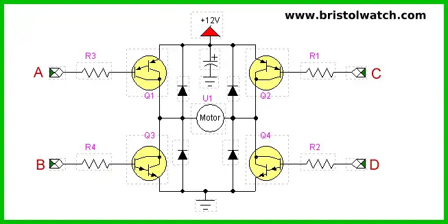 Basic transistor H-bridge circuit.