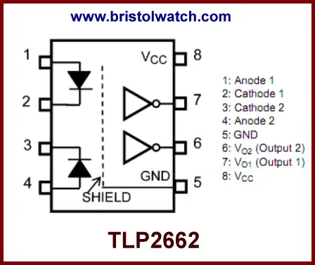 TLP2662 optocoupler pin connections.