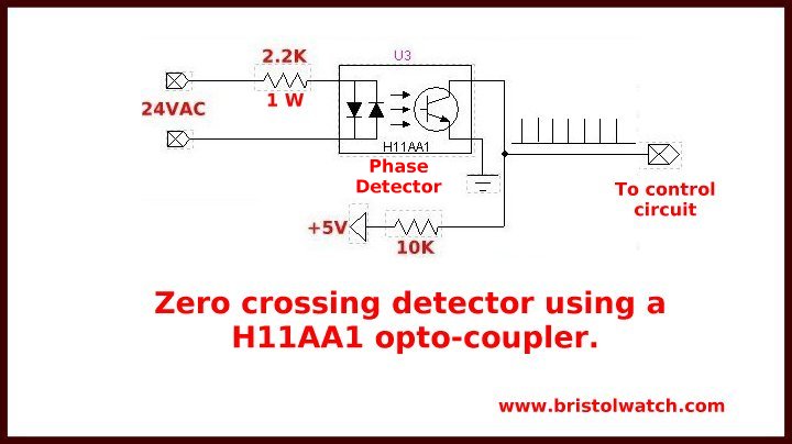 Kredsløb til detektering af nul-krydsningspuls ved hjælp af en H11AA1-opto-kobler.
