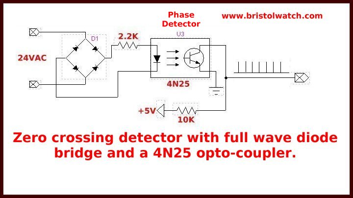 Circuito rivelatore di impulsi zero-crossing usando un opto-accoppiatore 4N25.