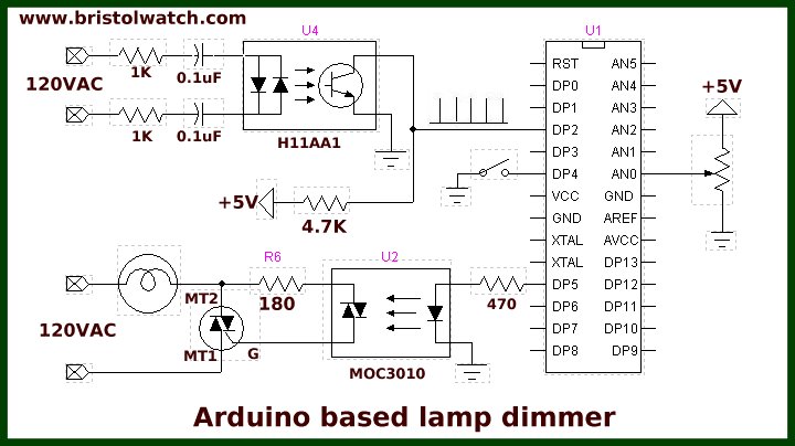Arduino met nuldoorgangsdetector voor AC-vermogensregeling.