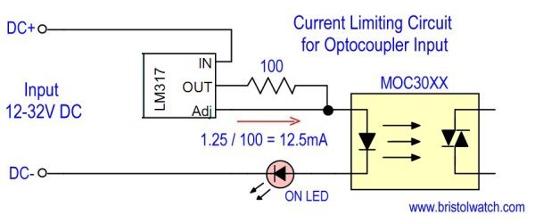LM317 used as a current limiter for opto-coupler LED input for solid state relay.