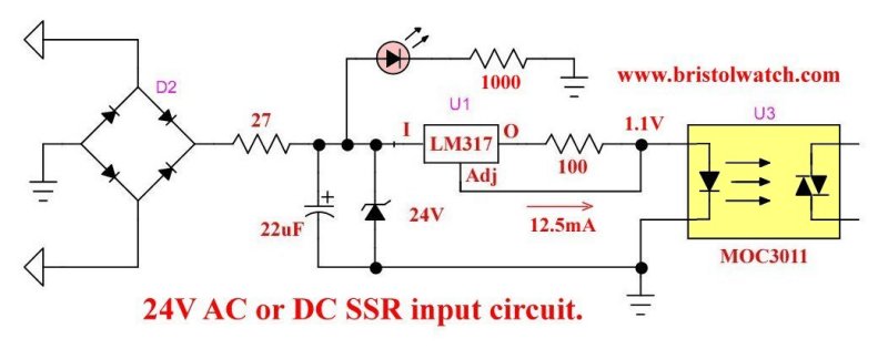 24-volt AC-DC opto-coupler input circuit using an LM317.