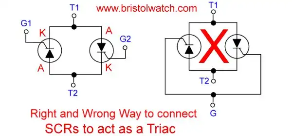 Right wrong way to connect SCRs as a Triac.