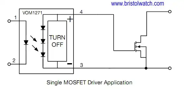 VOM1271 optocoupler driving single N-channel MOSFET.